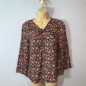 Rebecca Taylor ditzy Floral V-Neck Womens blouse silk navy pink blue 4 twist